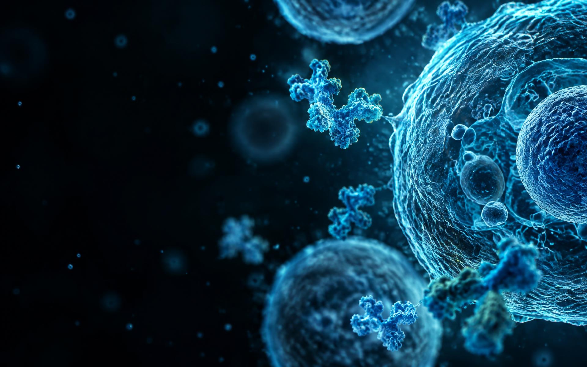 Microscopic cellular structures illuminated in electric blue